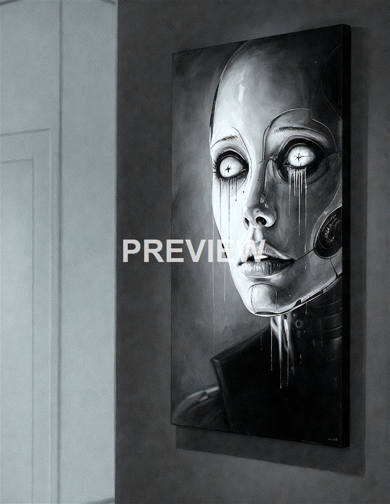 A monochrome painting of a futuristic, robotic female face with glowing eyes, tears, and mechanical components integrated into her features, hanging on a wall.